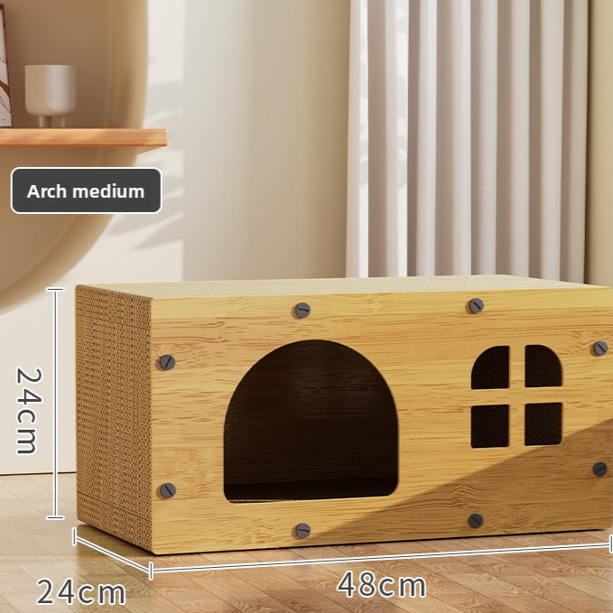 Wooden cat house with built-in scratching board, extra detail view