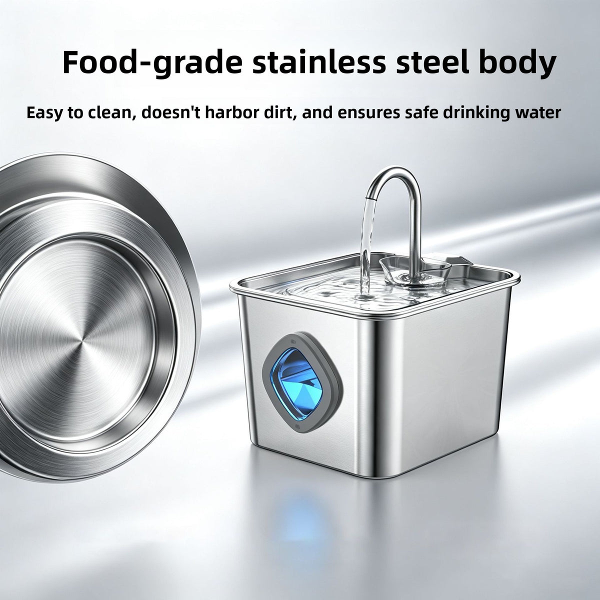 304 Stainless Steel Pet Water Fountain with Faucet Spout and Viewing Window, 2.2L or 3.2L