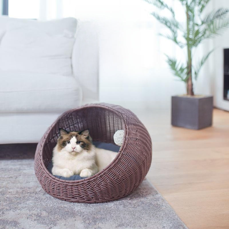 Hand woven rattan cat bed with removable washable cushion, view 7 of 23