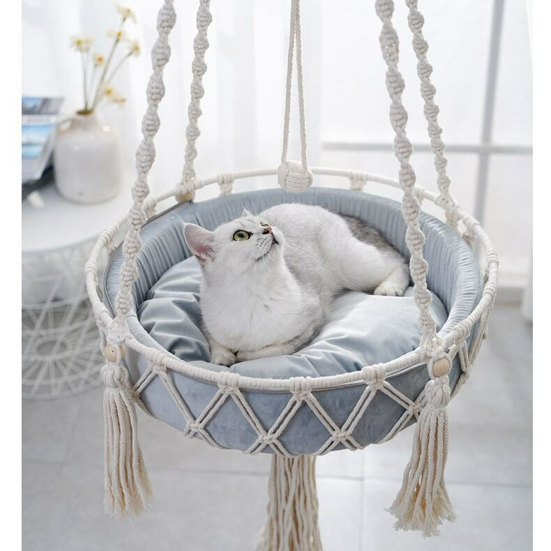 Cotton rope hanging cat basket bed boho style, shown in 5 colours and styles