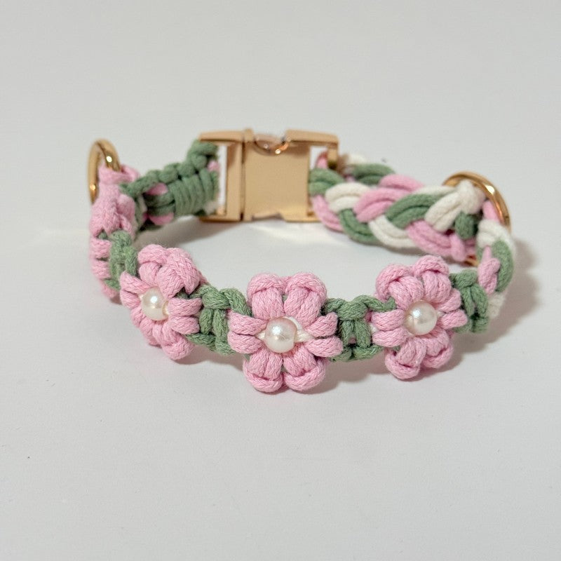 Handmade woven boho pet collar with pearl flowers in Green, front view
