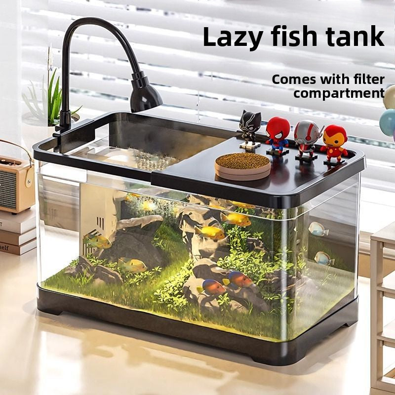 Small desktop plastic fish tank with clear cover and air pump, view 4