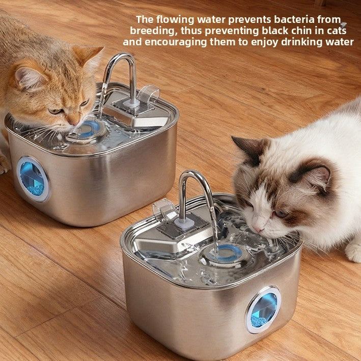 2.5L Stainless Steel Pet Water Fountain with Round Window, 4-Stage Filter and USB Power