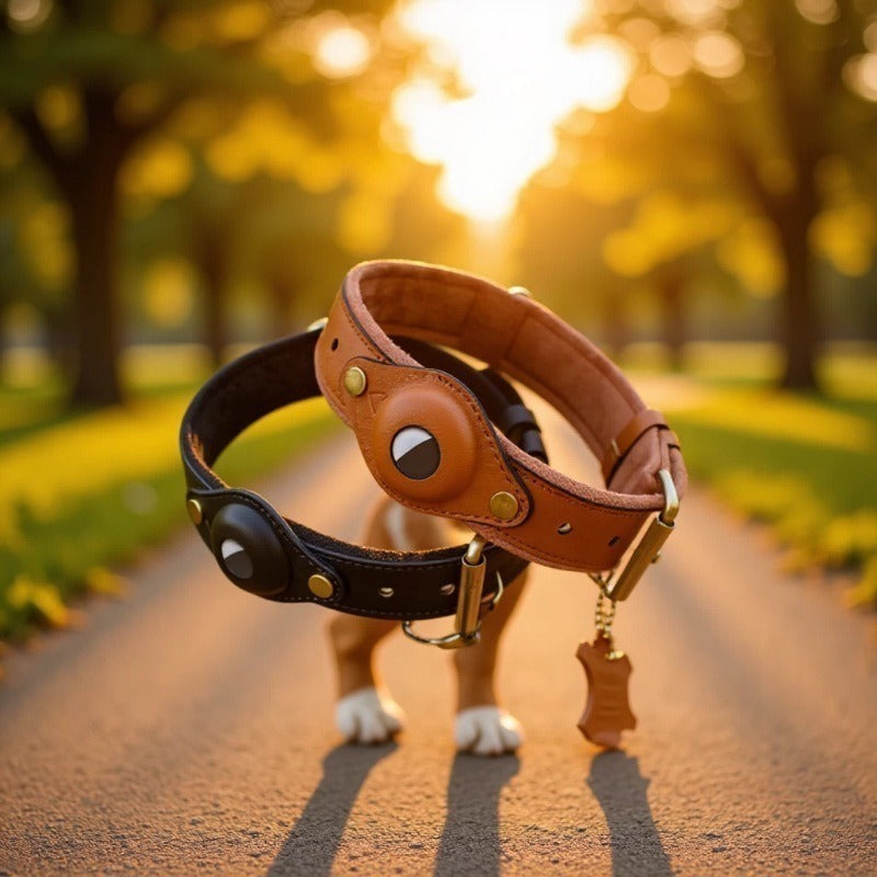 Brown cowhide leather dog collar with AirTag holder, tag not included, product image 3