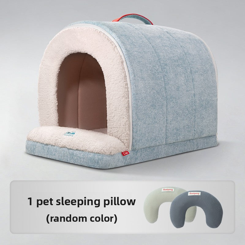 Azure blue semi enclosed roof shaped cat house bed, view 11