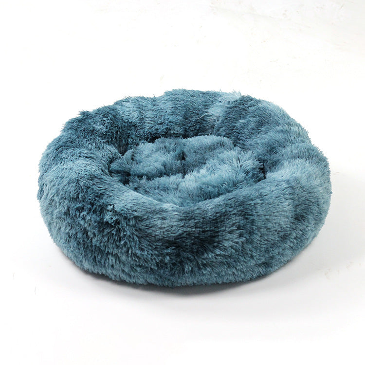 Round velvet cat bed mat for winter in Blue and White Tie-Dye, size 50cm