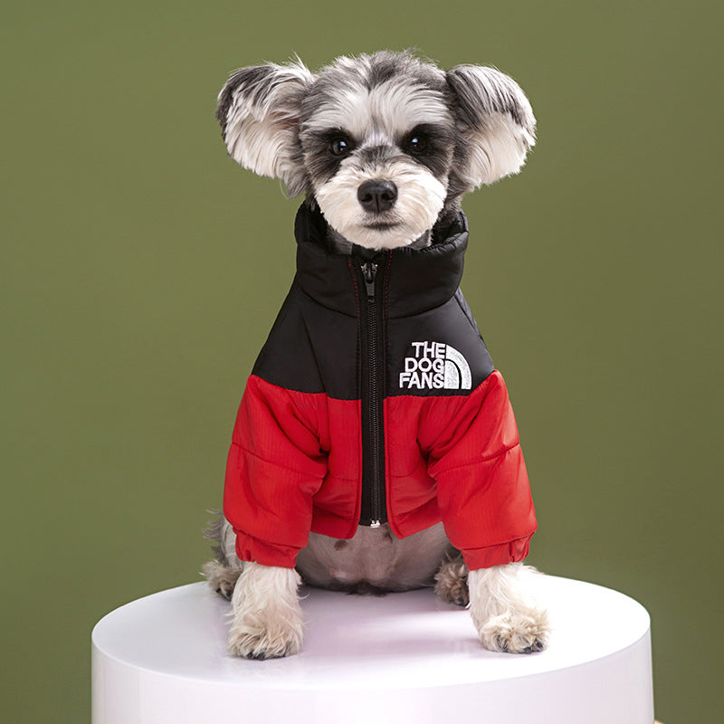 Windproof water-resistant padded jacket for large dogs in Purple, showing size and shape