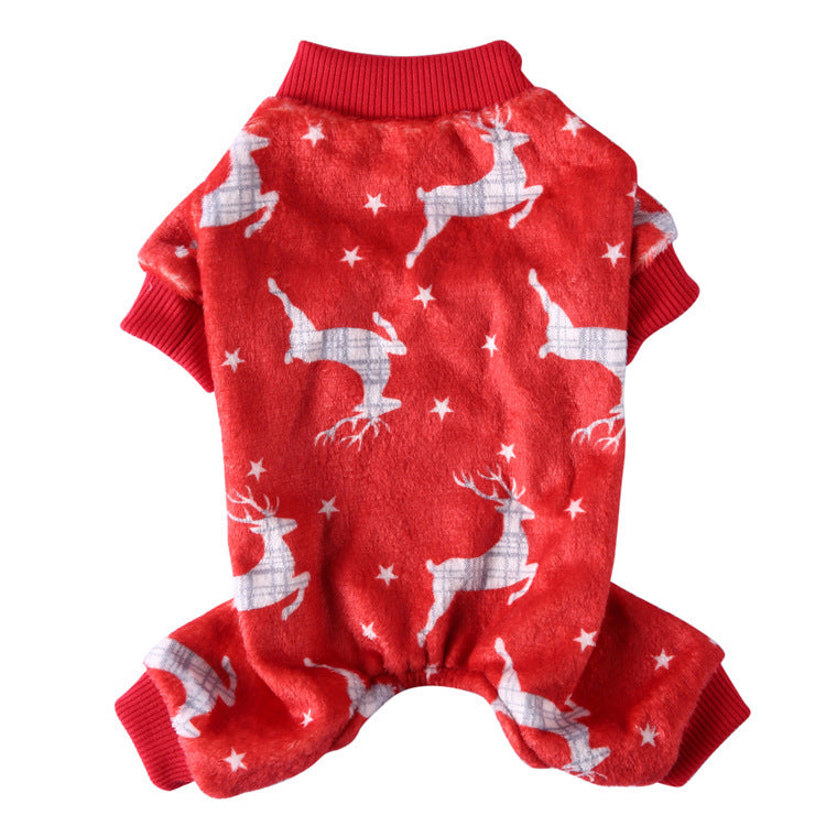Coral fleece four-leg dog jumpsuit with holiday print in Pink, front view