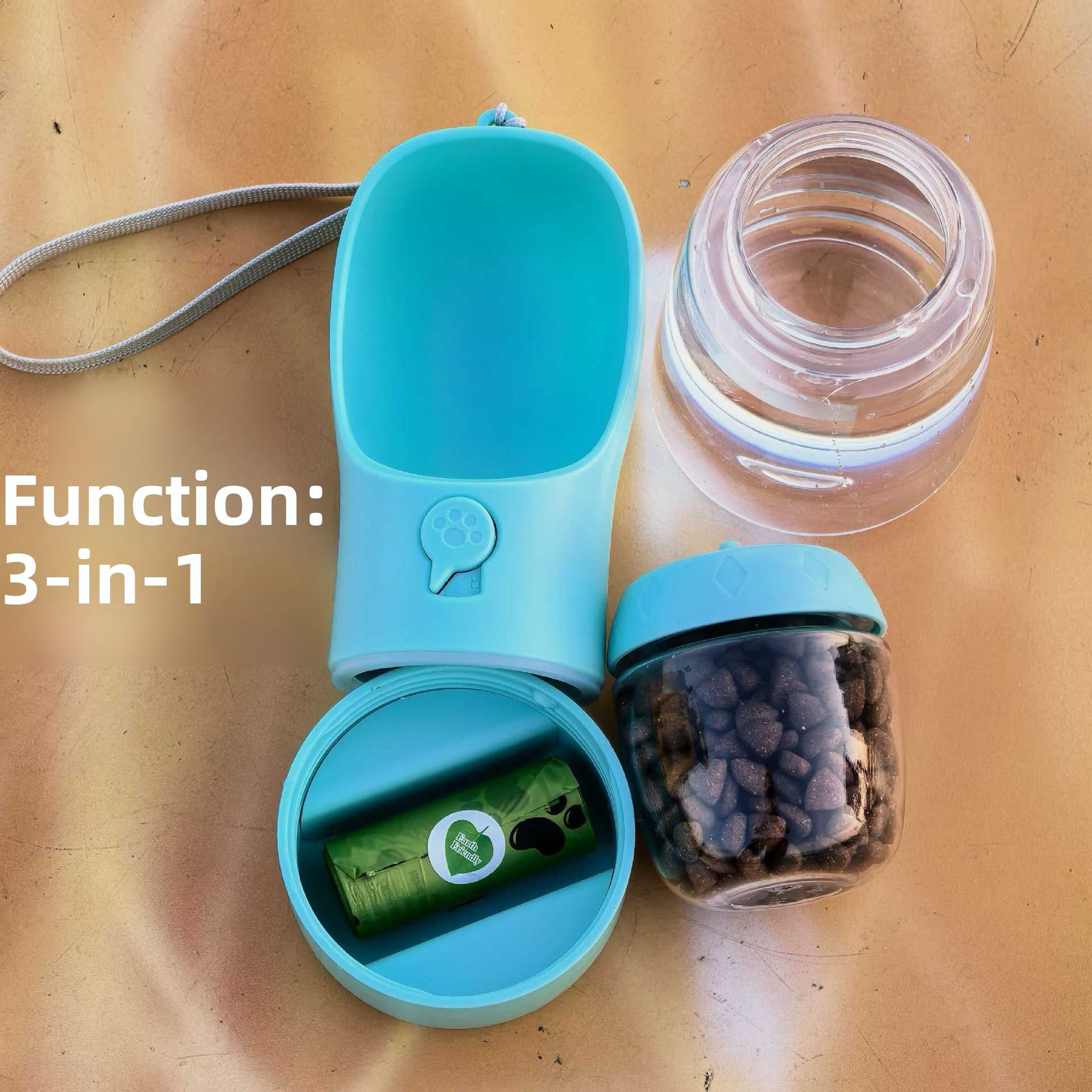 Portable 3-in-1 dog water bottle with snack cup and poop bag holder - view 3