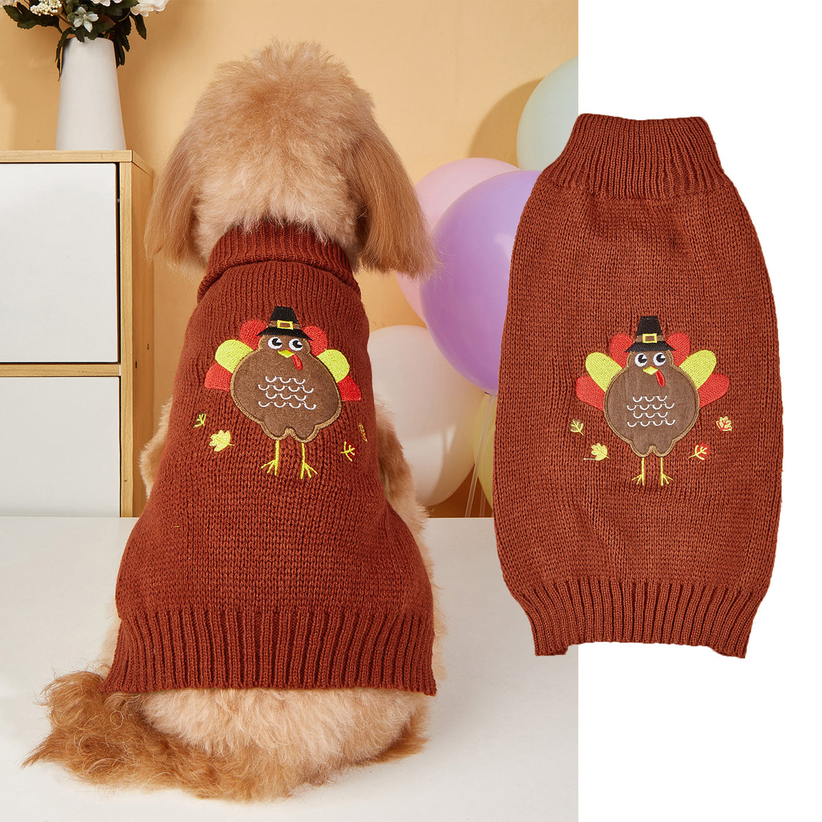 Christmas knitted dog jumper with festive pattern in Snowman with Tulle, front view