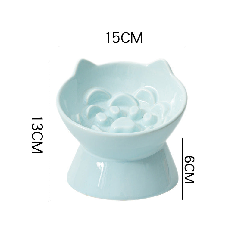 Ceramic High-Foot Cat Bowl with Slanted Rim, Slow-Feeding Feature and Ear Handles