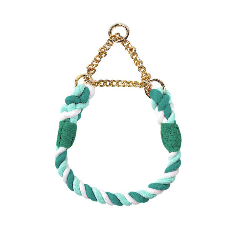 Pastel woven dog collars with gold buckles in many colours