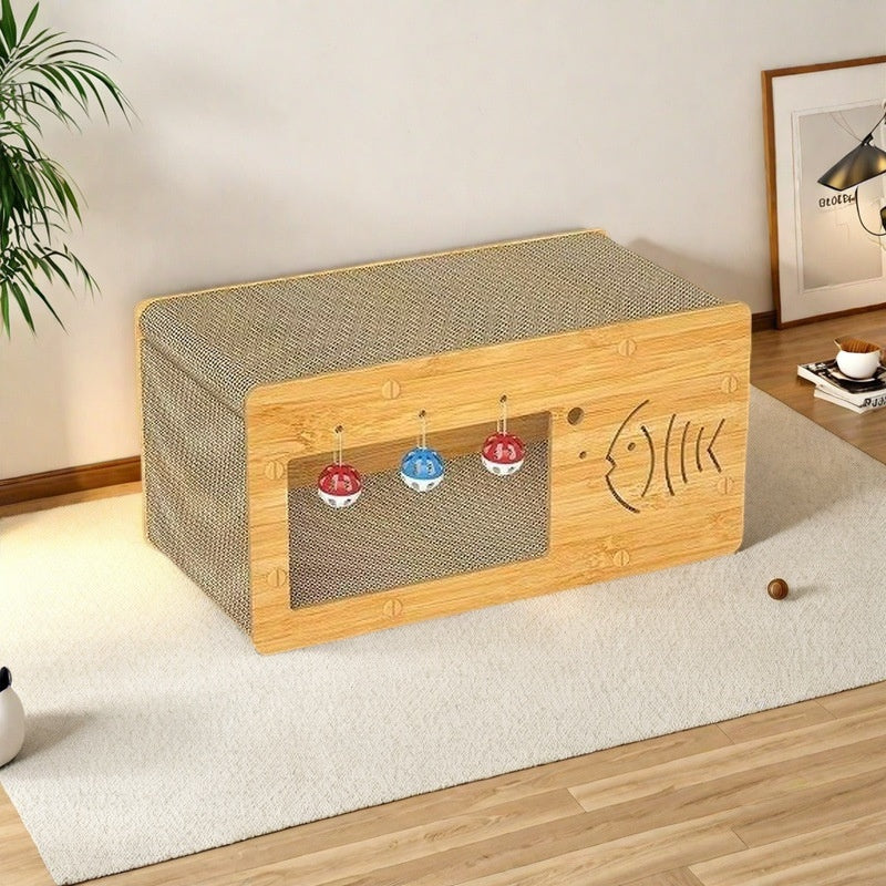 Two tier wooden cat scratching house with doors in natural wood, view 10