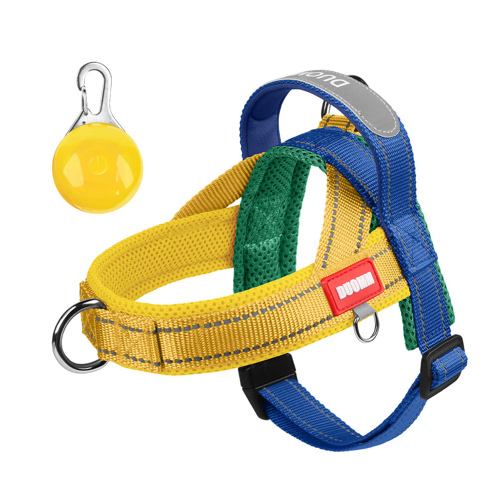 Reflective no pull saddle harness in red and blue on a dog