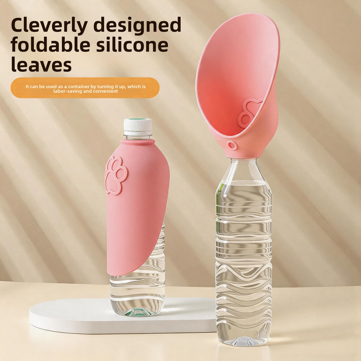Silicone dog water bottle with foldable U-shaped lid in Pink 2-Pack, top view