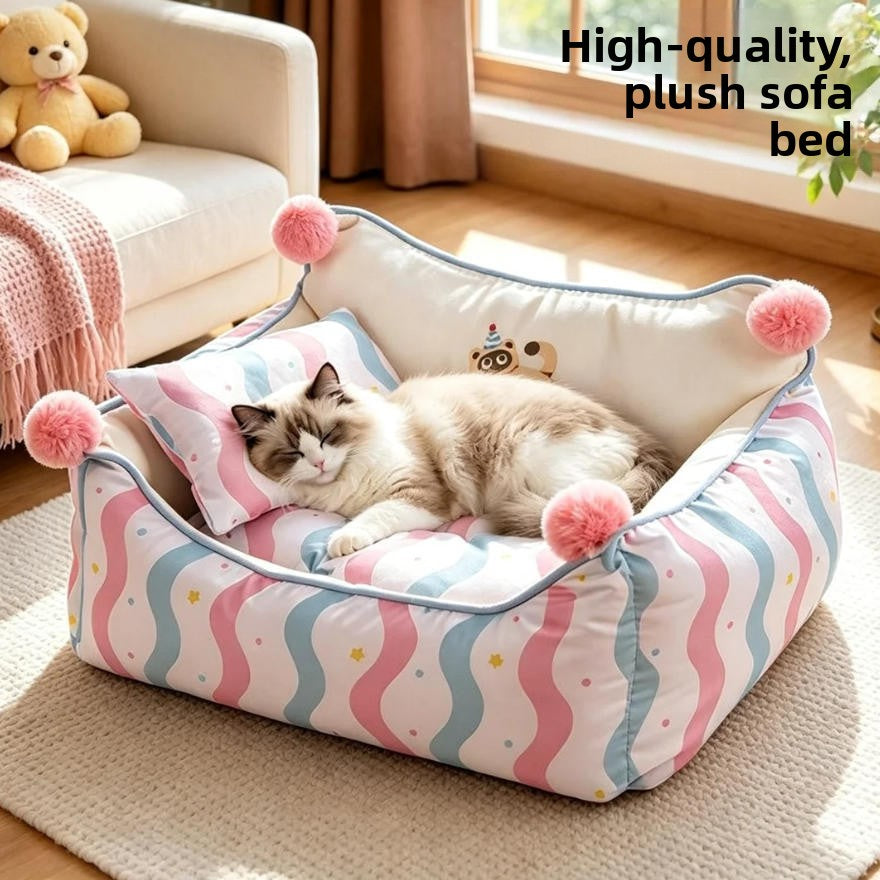 Semi-enclosed sofa style cat bed with striped poodle print, product image 1
