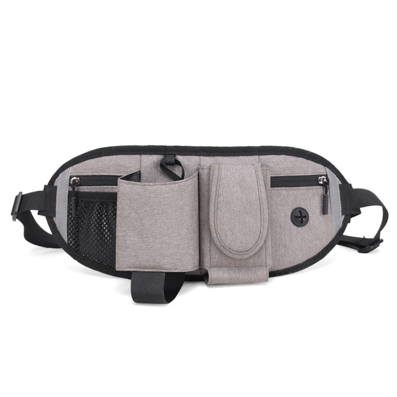 Grey dog training treat waist pack with pockets and reflective strips, view 5