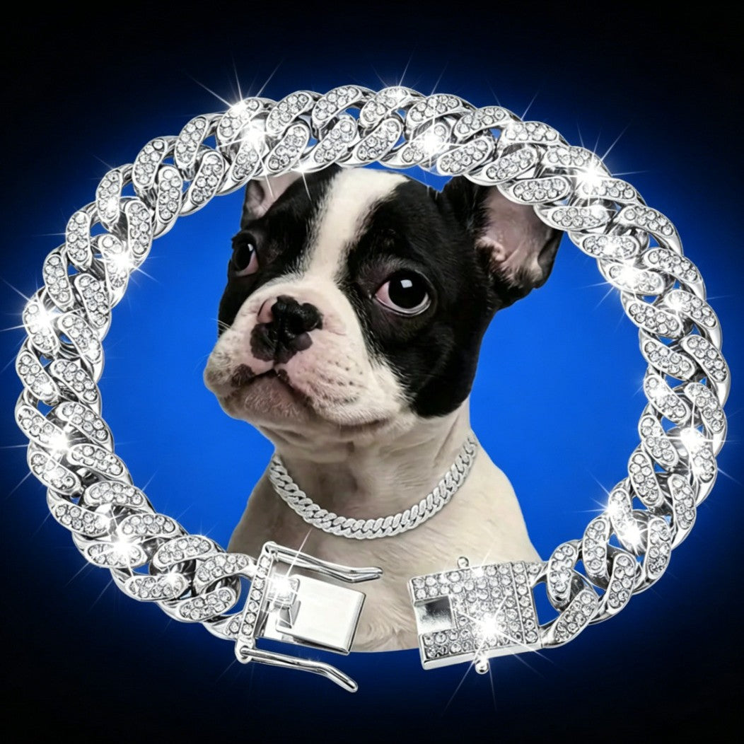 Rhinestone Cuban chain pet collar in Gold, front view