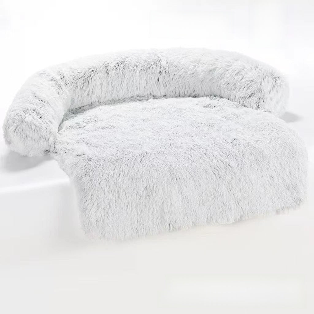 Dark grey long plush curved dog bed with raised sides, photo 53