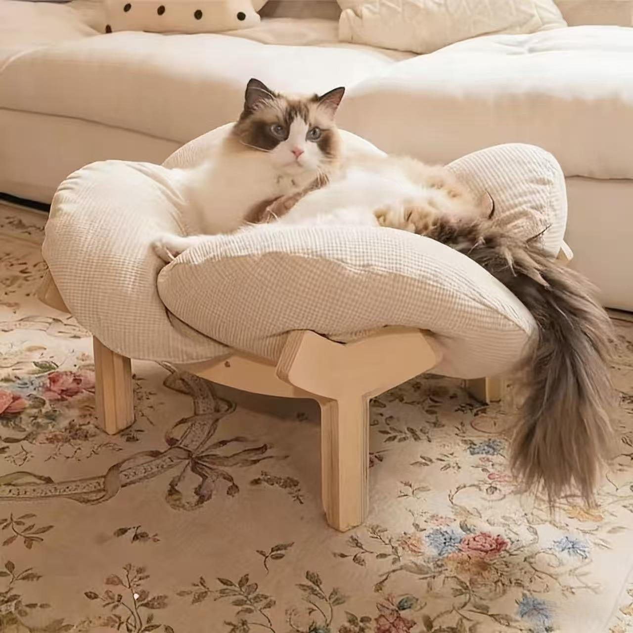 Wooden cat climbing bed with soft corduroy cushion, main product photo