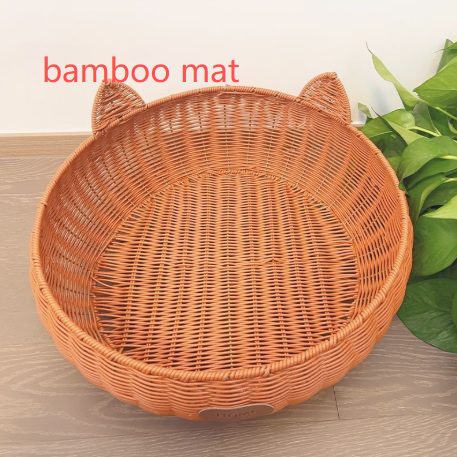 Brown rattan woven pet bed with blue cushion for cats, view 26