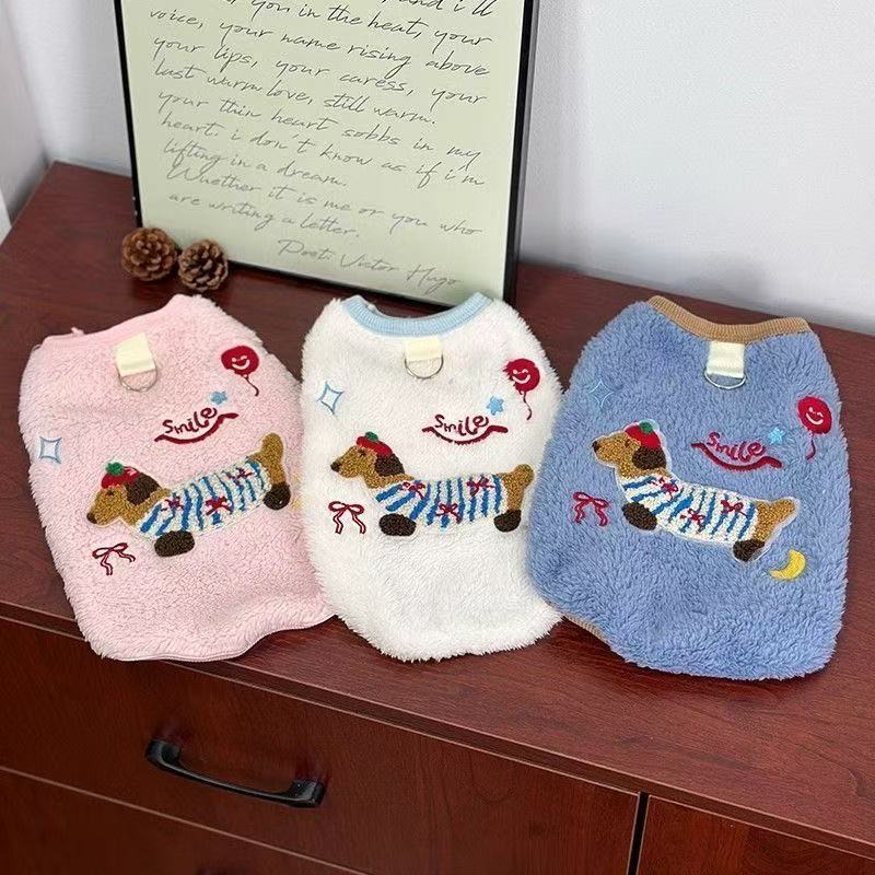 Thick fleece pet vests in white, pink and blue