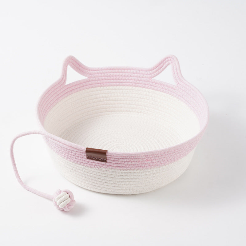 Woven rattan cat bed with cat ears and toy ball, view 74