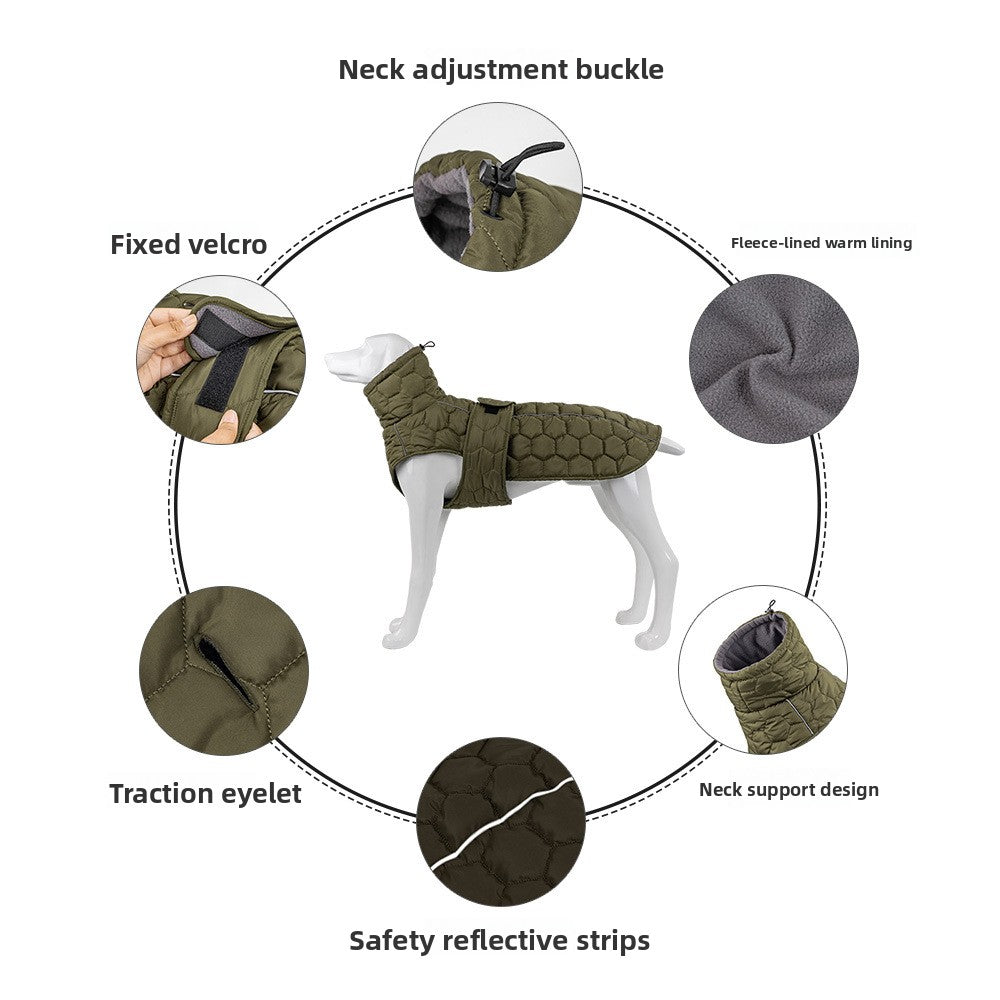 Thick water-repellent dog jacket with reflective trim in Grey, in a home setting