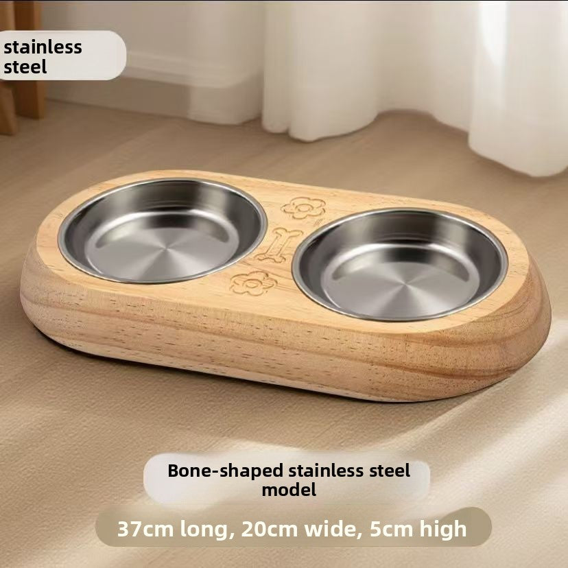 304 Stainless Steel Pet Bowl with Pine Wood Stand and Anti-Spill Neck Rim for Pets