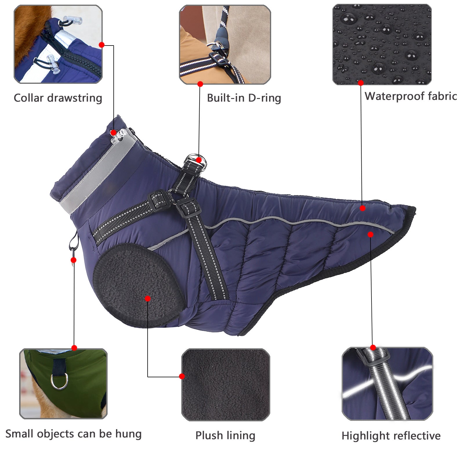 Fleece lined waterproof dog coat with reflective straps in Lake Blue, in a home setting