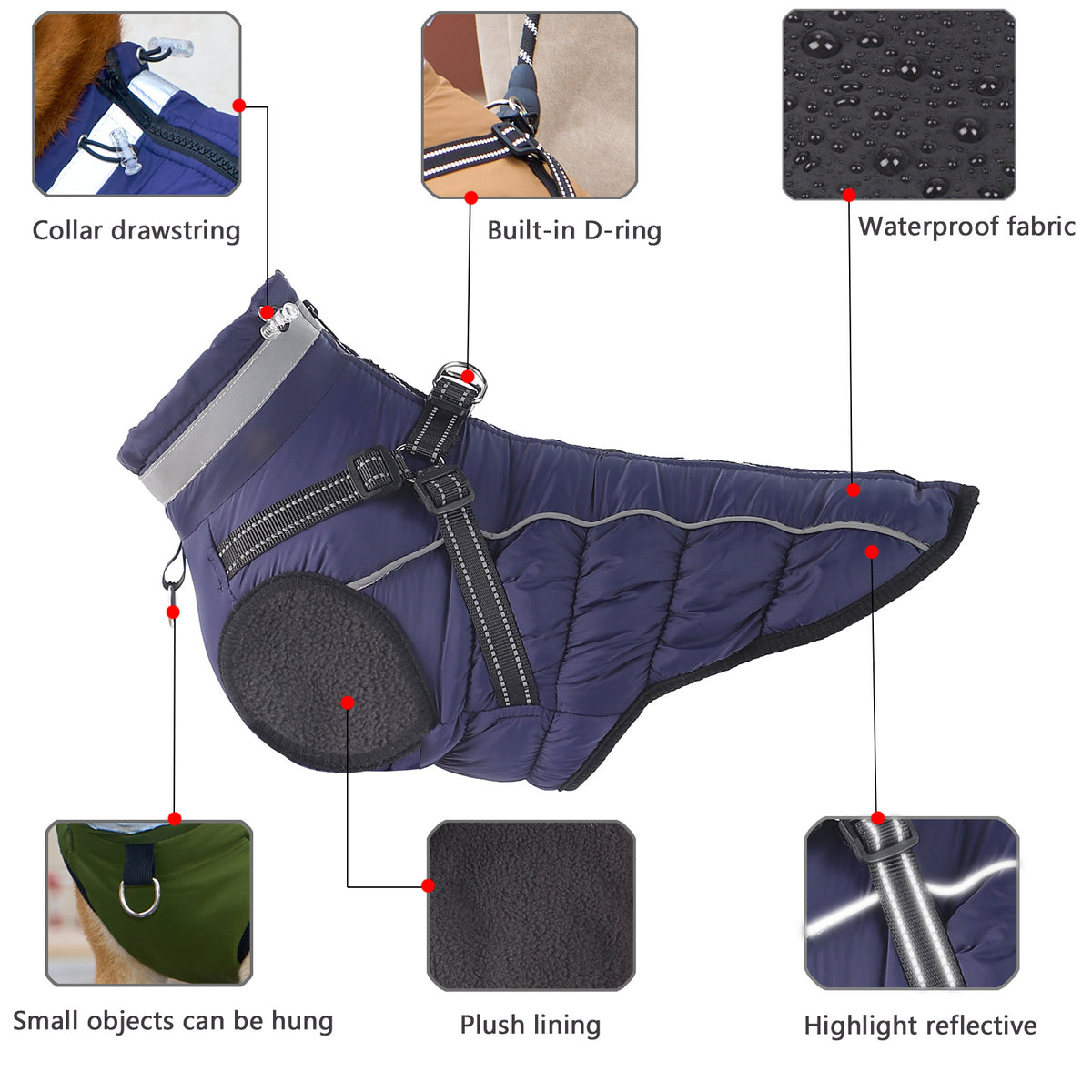 Fleece lined waterproof dog coat with reflective straps in Lake Blue, in a home setting