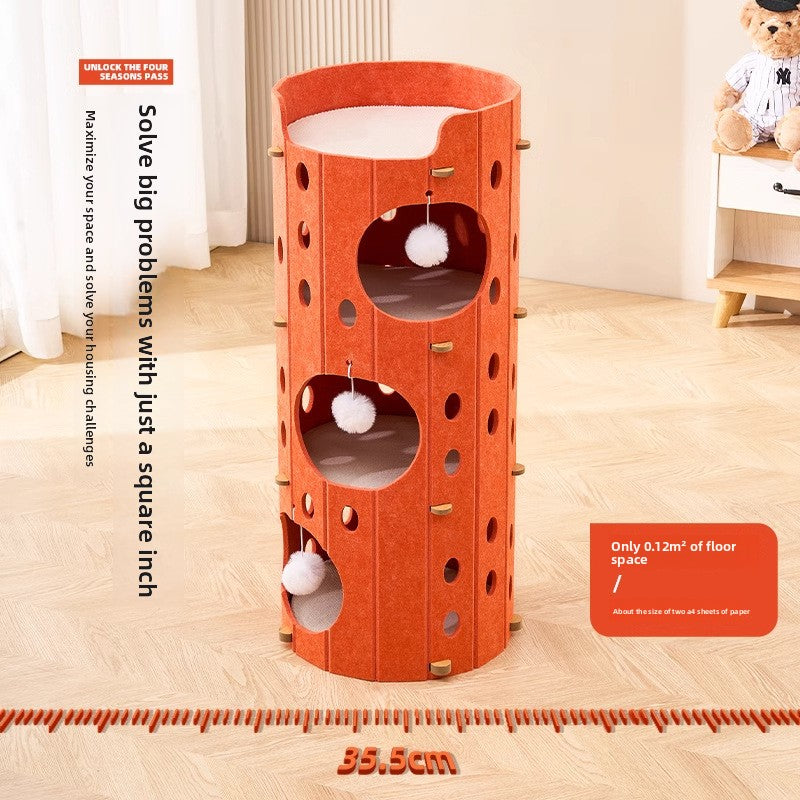 Stackable multi-layer cat condo with scratching boards, shown in 14 colours and styles