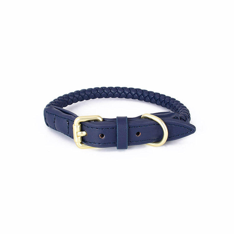 Plaited dog collar sets in amber orange, woad blue and grey