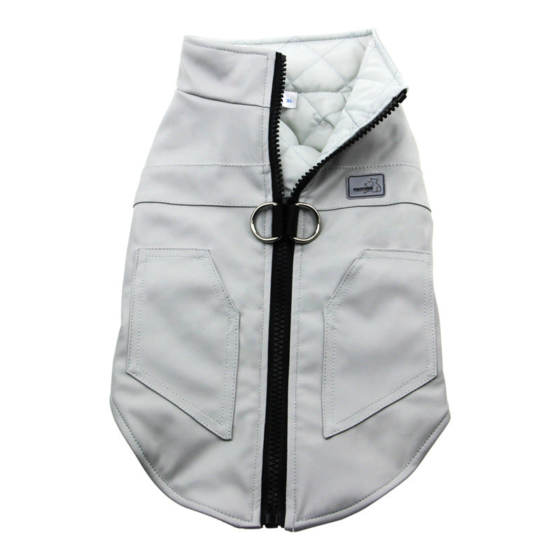 Thick leather-look dog vest jacket for winter in Grey, showing size and shape