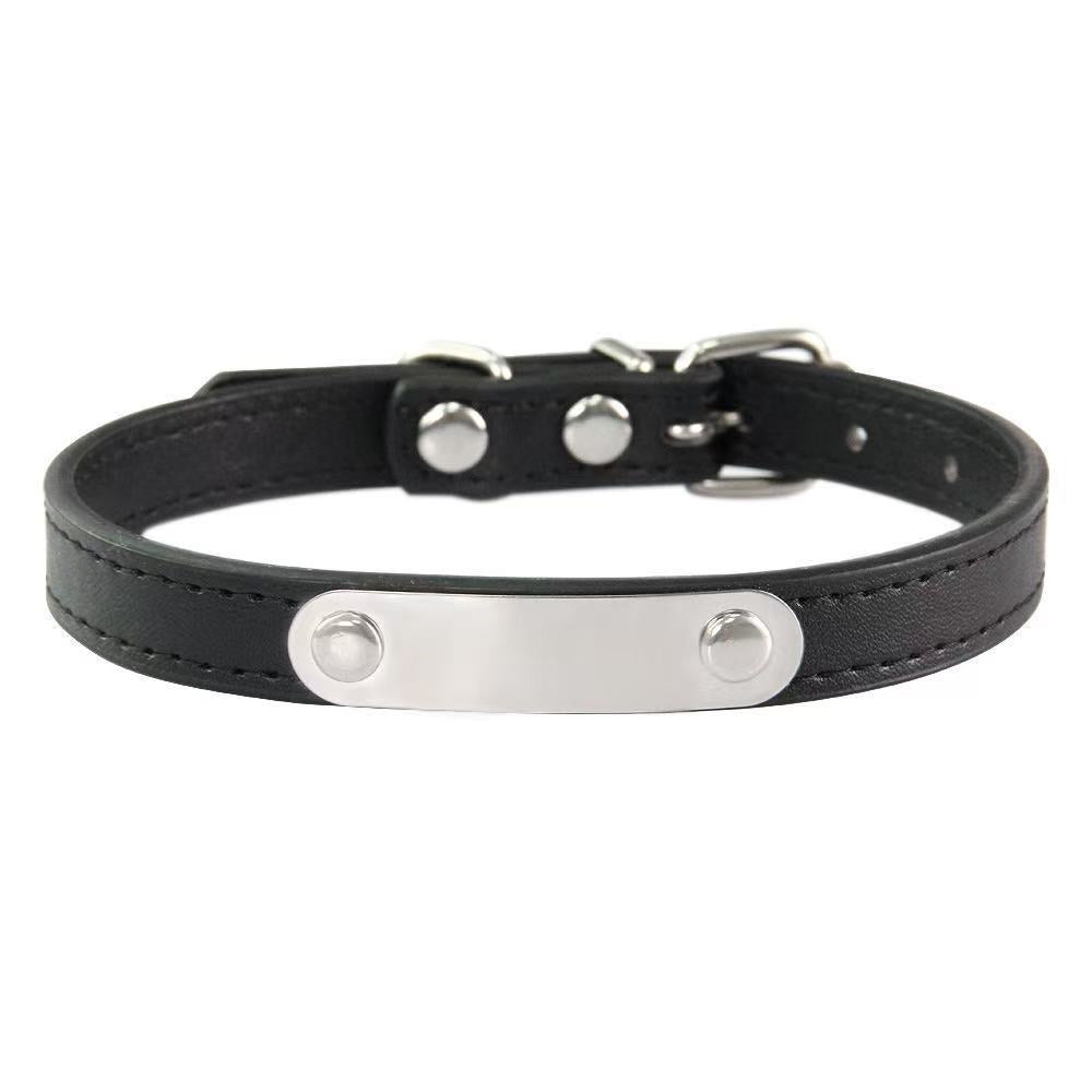 PU leather pet collar with ID tag and bell, in use with a pet