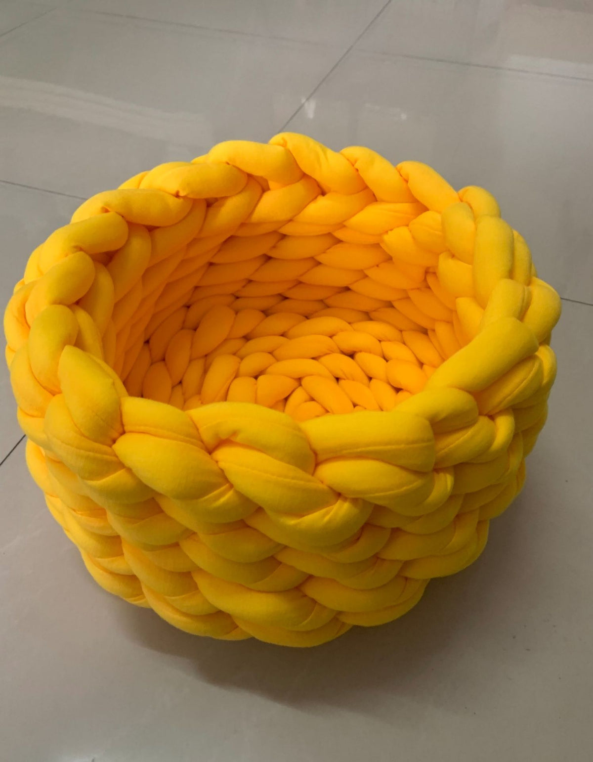 Soft velvet hand-woven round knot pet bed in Golden Yellow, size 30cm