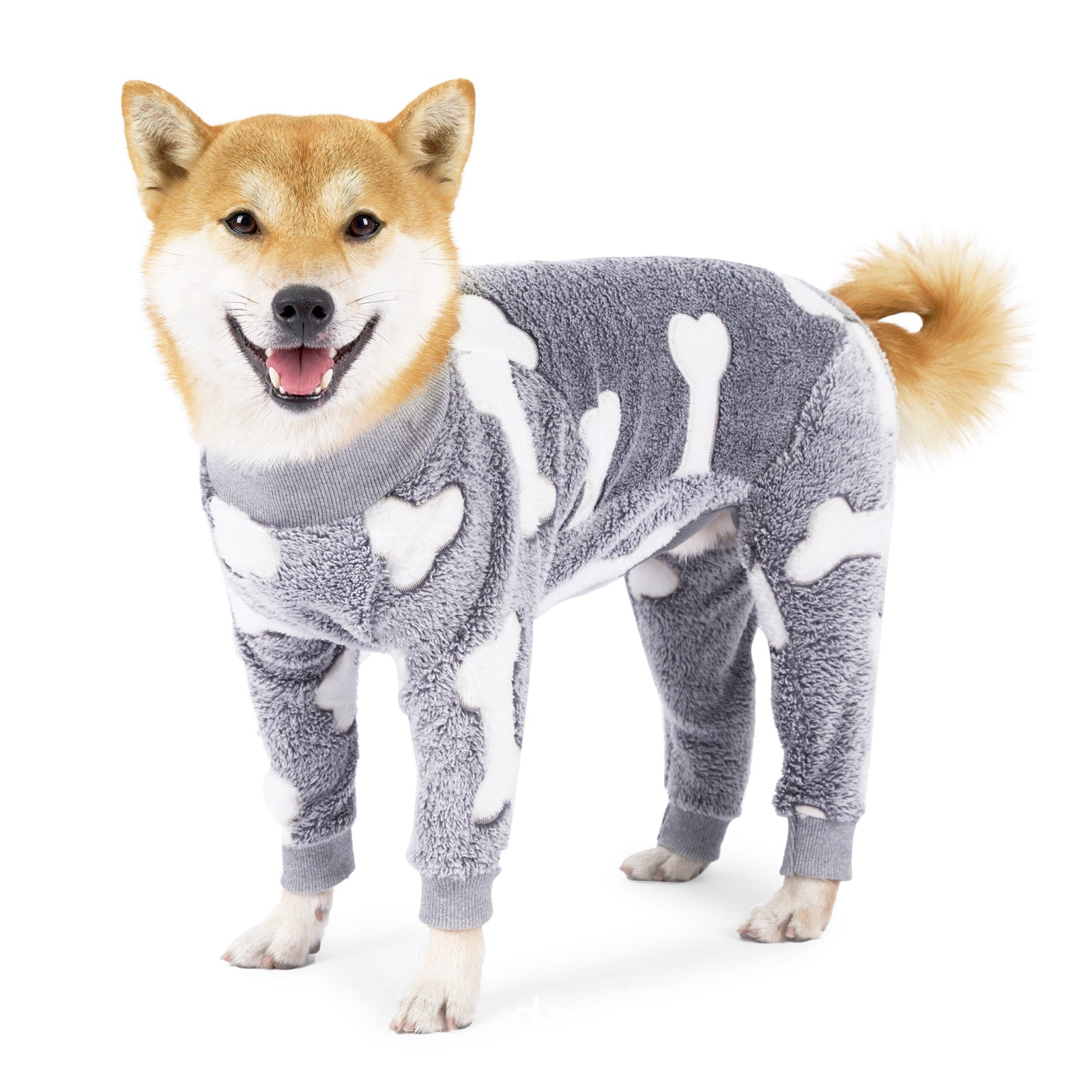 Coral fleece four-leg dog pyjamas in Bone Grey, side view
