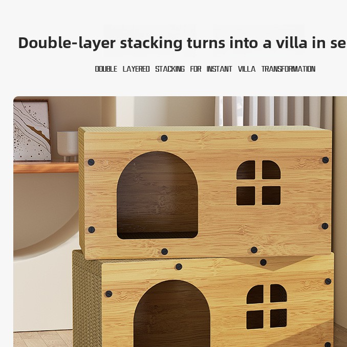 Wooden cat house with built-in scratching board, close-up detail view