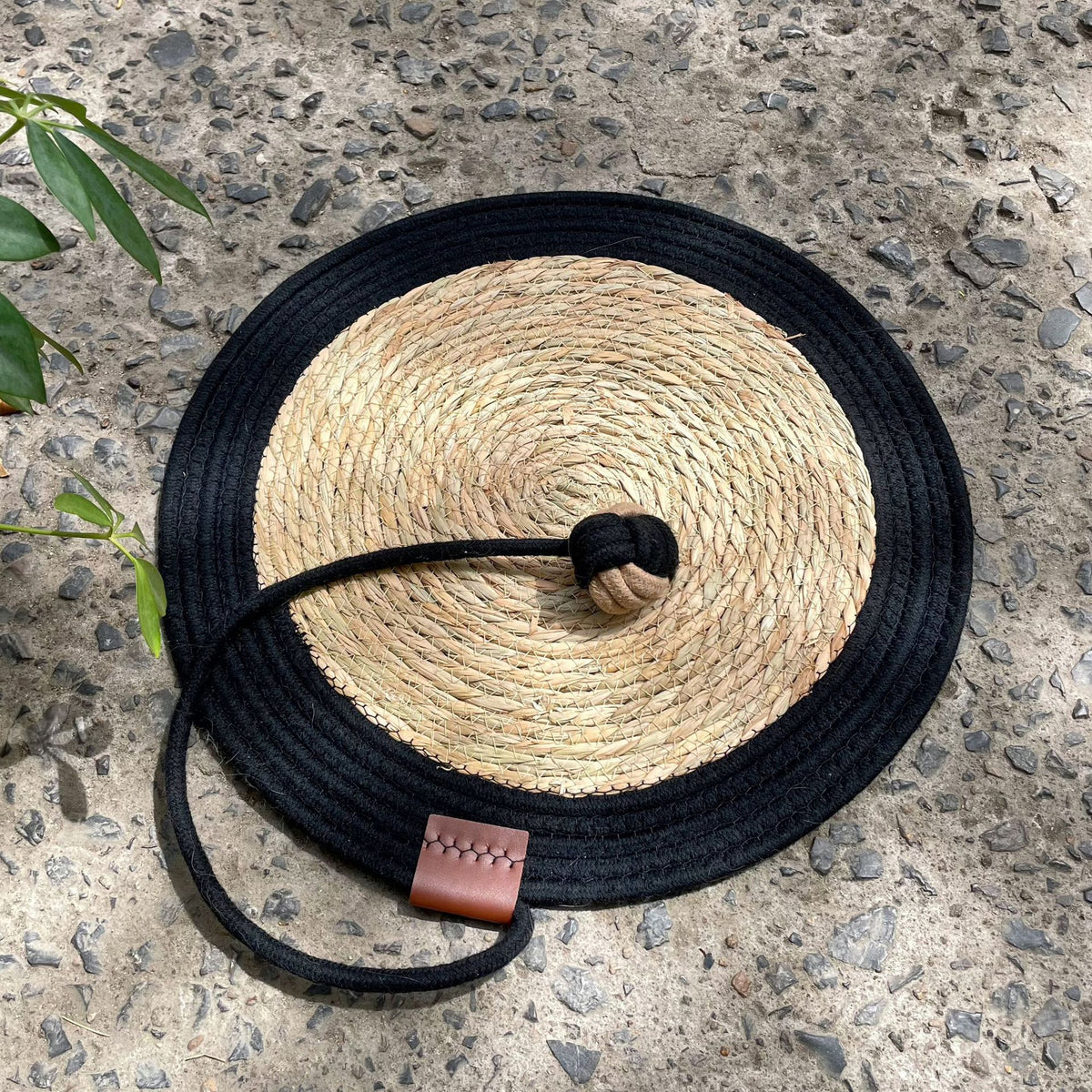 Round woven cattail grass cat scratch mat in Black, size 40cm Diameter