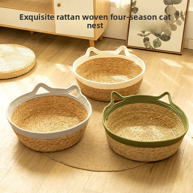 Natural cattail basket cat nest with soft pad, product image 1