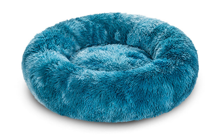 Round long plush nest bed for cats and dogs in Tie-Dye Sapphire Blue
