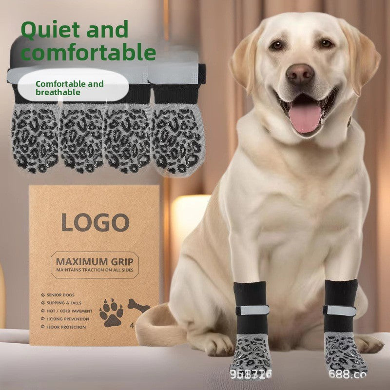 Anti-slip knitted cotton dog socks with grip soles in Leopard Print, front view
