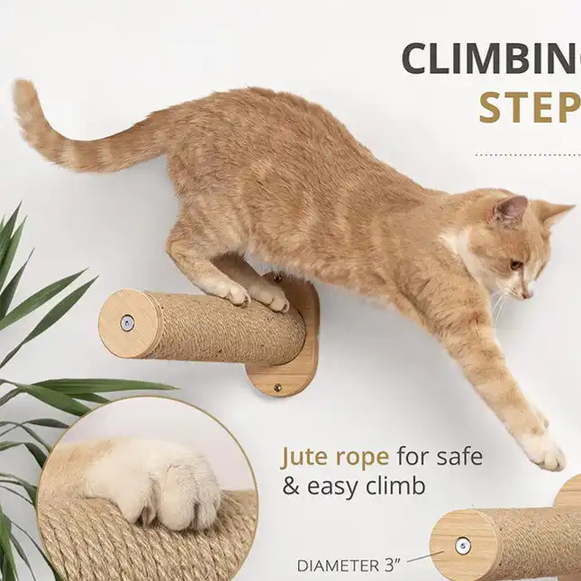 Solid wood wall-mounted cat scratching post with hammock