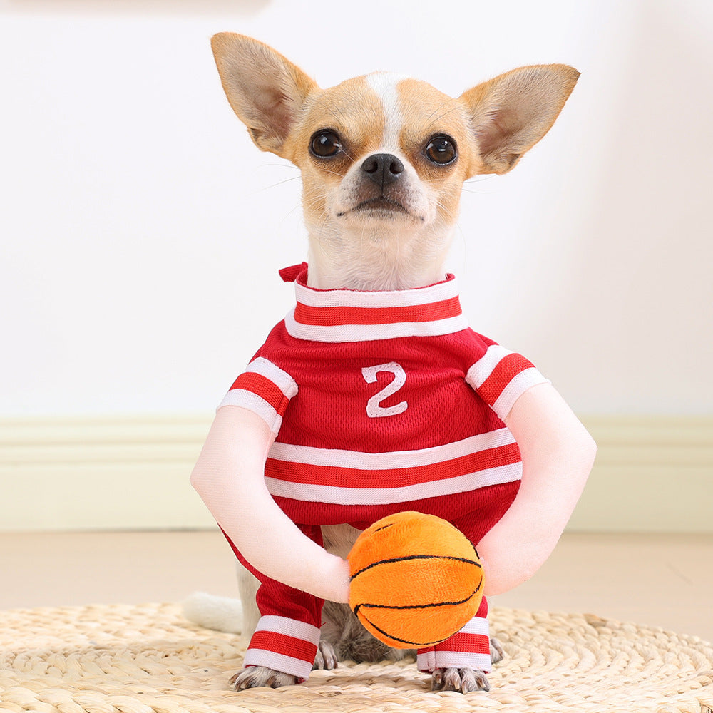 Small dog dressed in a funny frankfurter jacket costume