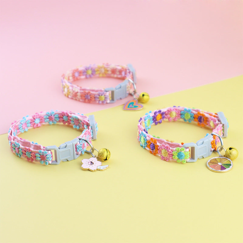 Multicolour lace flower collar with bell for cats and small dogs