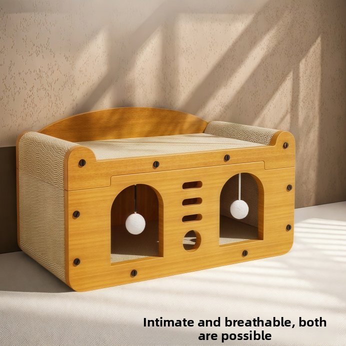Two tier wooden cat scratching house with doors in natural wood, view 3