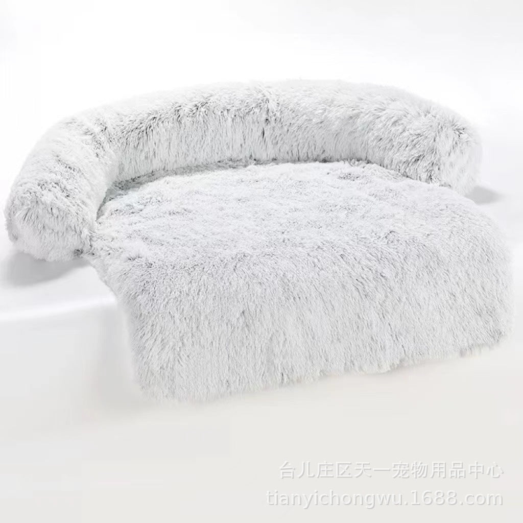 Dark grey long plush curved dog bed with raised sides, photo 14