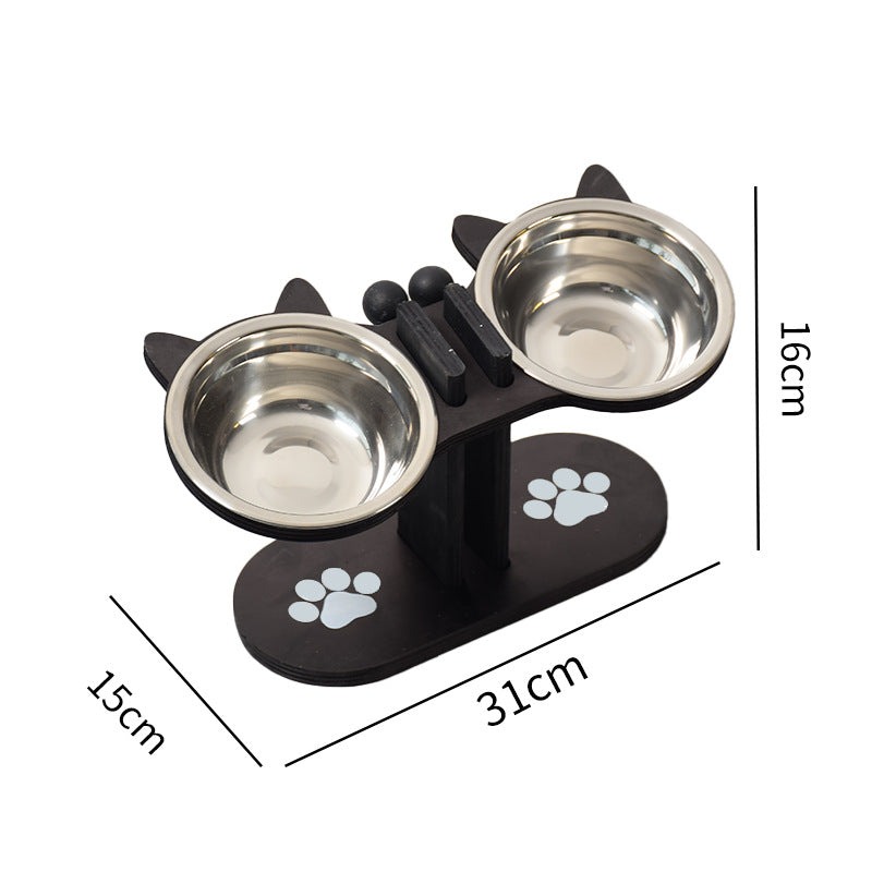 Black raised feeding station holding three pet bowls