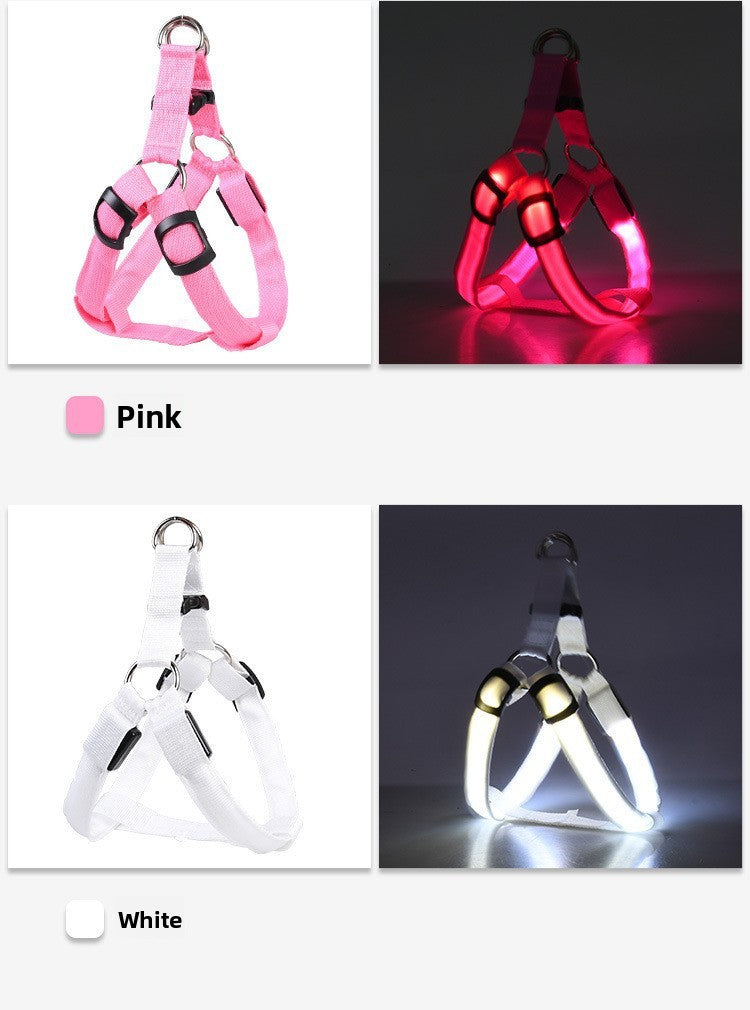 Light up dog harness with reflective strap shown in seven colours