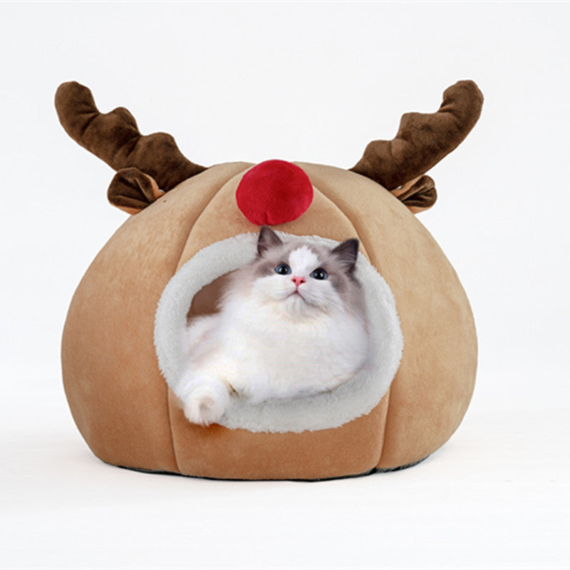 Beige reindeer shaped pet den tent with removable mat, view 5